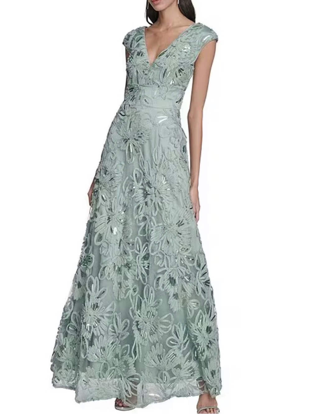 Eliza J
Sequin Soutache V-Neck Cap Sleeve A-Line Gown Mint Green Floral
